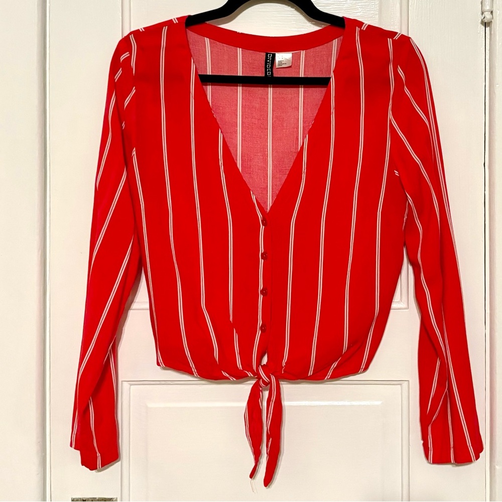 H&M Pinstripe Tie Front Button Down V-Neck Long Sleeve